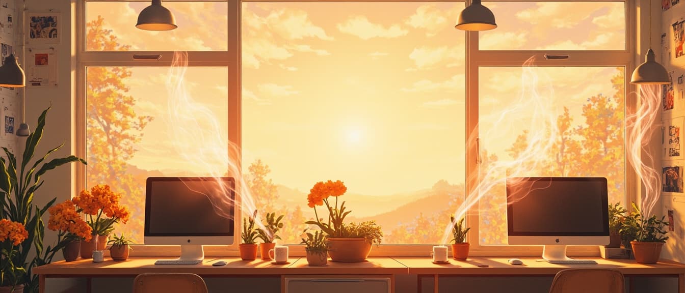 A small sunlit workshop at dawn