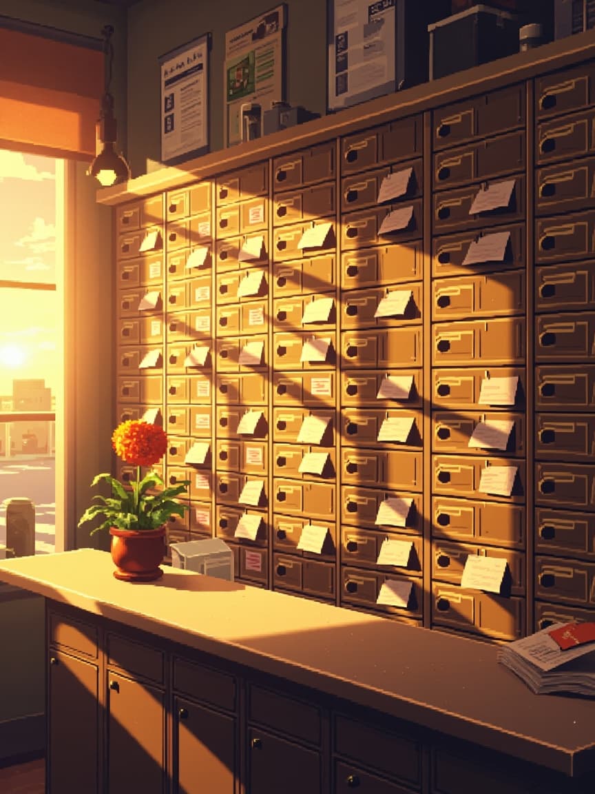 Pixel-art post office with a wall of letters