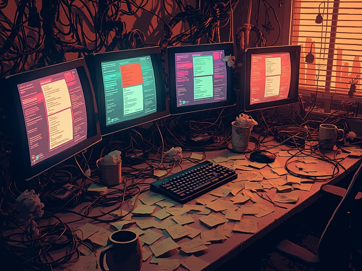 A desk drowning in five glowing tools