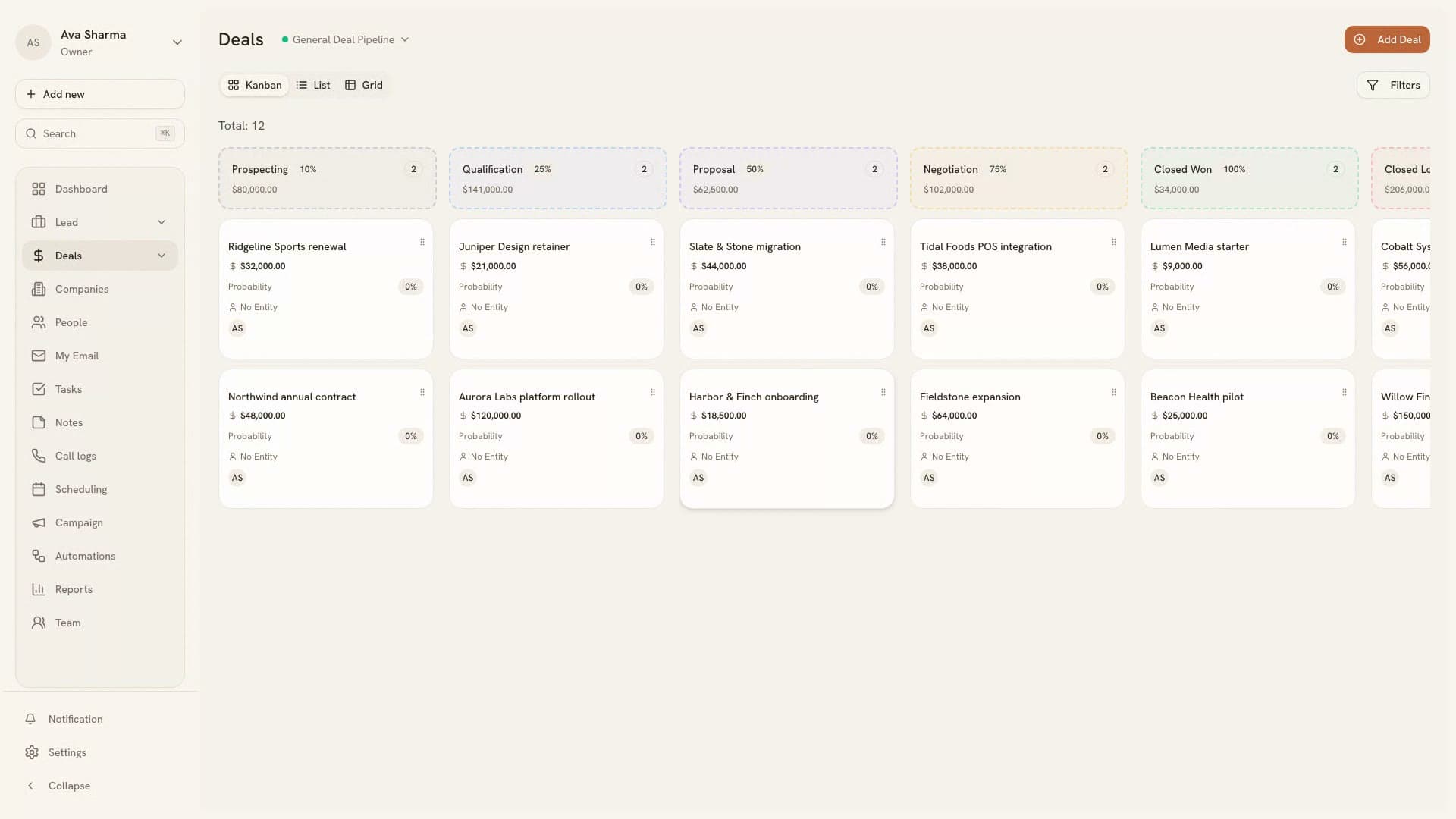 A BeigeCRM deal pipeline in kanban view — Prospecting, Qualification, Proposal, Negotiation and Closed Won columns, with value and probability on every deal card and stage totals in the headers.