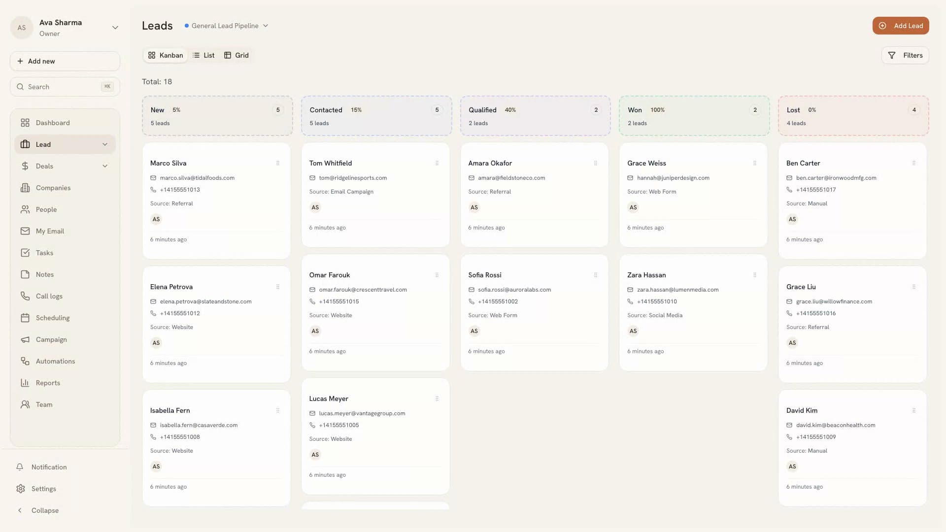 A BeigeCRM lead pipeline with New, Contacted, Qualified, Won and Lost columns — each lead card carrying name, email, phone, source and owner.
