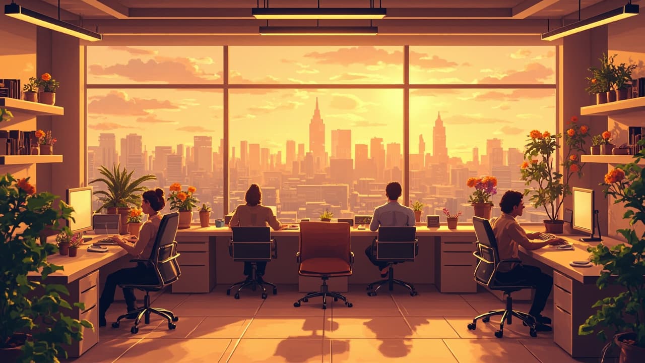 Pixel-art scene of the Beige team at work, one desk empty