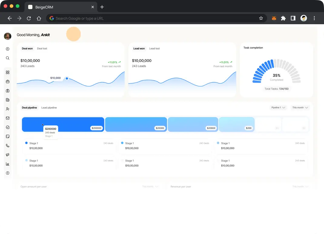BeigeCRM dashboard showing quick setup
